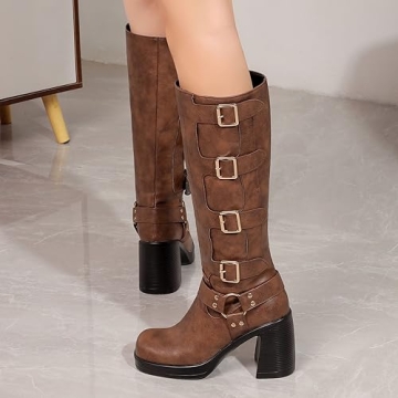 Women's Goth Knee High Boots Chunky Heel Square Toe
