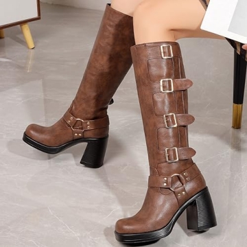 Women's Goth Knee High Boots Chunky Heel Square Toe