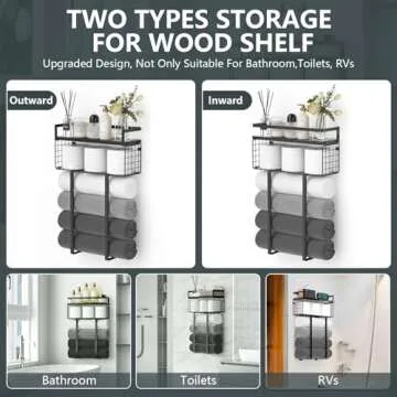 Towel Racks for Bathroom Wall Mounted, Xstydes Metal Towel Holder with Wooden Shelf for Folding Large Towels, Towel Storage for Small Bathroom Organizer Decor or RV Camping