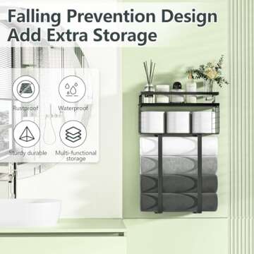 Towel Racks for Bathroom Wall Mounted, Xstydes Metal Towel Holder with Wooden Shelf for Folding Large Towels, Towel Storage for Small Bathroom Organizer Decor or RV Camping