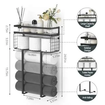 Towel Racks for Bathroom Wall Mounted, Xstydes Metal Towel Holder with Wooden Shelf for Folding Large Towels, Towel Storage for Small Bathroom Organizer Decor or RV Camping