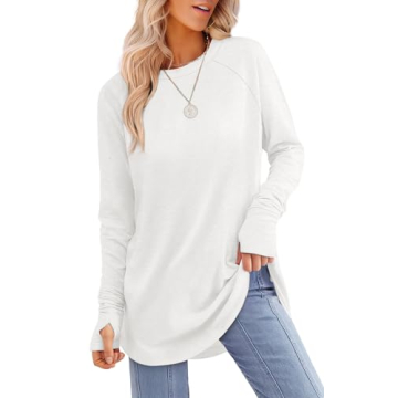 XIEERDUO Tunics or Tops to Wear with Leggings White Long Sleeve Shirts for Women Loose Fit L