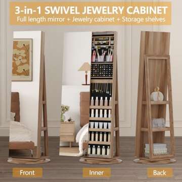 LVSOMT 360° Swivel Jewelry Cabinet with Full Length Mirror, 63" Large Jewelry Armoire Organizer, Lo...