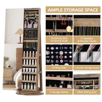 LVSOMT 360° Swivel Jewelry Cabinet with Full Length Mirror, 63" Large Jewelry Armoire Organizer, Lockable Mirror with Jewelry Storage, Floor Standing Mirror, Rear Storage Shelves