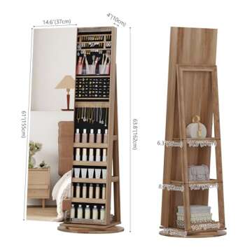 LVSOMT 360° Swivel Jewelry Cabinet with Full Length Mirror, 63" Large Jewelry Armoire Organizer, Lockable Mirror with Jewelry Storage, Floor Standing Mirror, Rear Storage Shelves