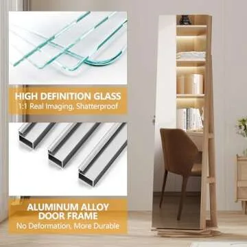 LVSOMT 360° Swivel Jewelry Cabinet with Full Length Mirror, 63" Large Jewelry Armoire Organizer, Lockable Mirror with Jewelry Storage, Floor Standing Mirror, Rear Storage Shelves
