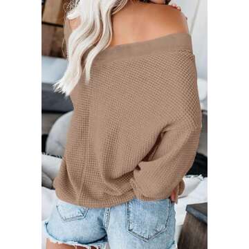 ReachMe Womens Oversized Off The Shoulder Tops Long Sleeve Waffle Knit Shirt Drop Shoulder Sweater Top(Khaki,XL)