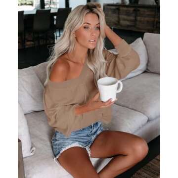 ReachMe Womens Oversized Off The Shoulder Tops Long Sleeve Waffle Knit Shirt Drop Shoulder Sweater Top(Khaki,XL)