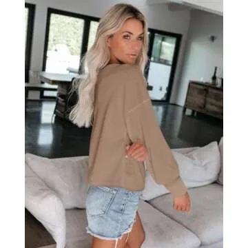 ReachMe Womens Oversized Off The Shoulder Tops Long Sleeve Waffle Knit Shirt Drop Shoulder Sweater Top(Khaki,XL)