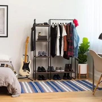 Stylish IRIS USA Clothes Rack with Wood Shelves for Small Spaces