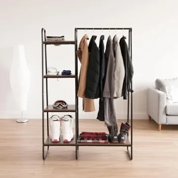Stylish IRIS USA Clothes Rack with Wood Shelves for Small Spaces