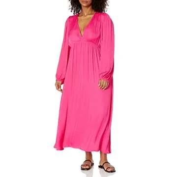 The Drop Women's Shelly Deep V-Neck Long Sleeve Maxi Dress Hot Pink, S