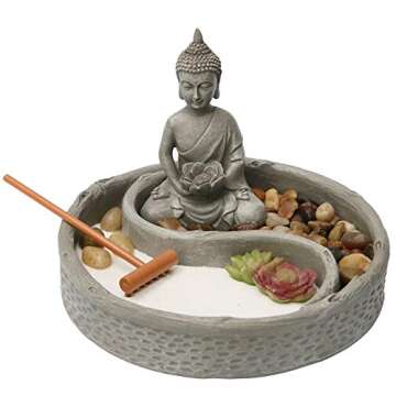 Nature's Mark Mini Zen Garden Kit for Desk with Lotus, Buddha Figures, Rake and Natural Sand River R...