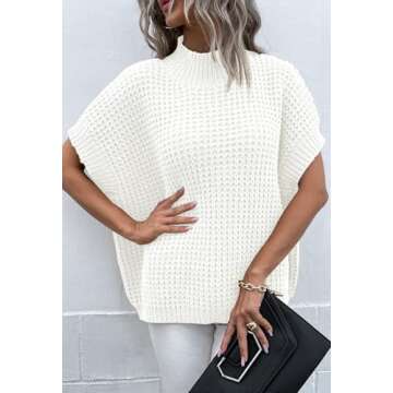 Pink Queen Women's Mock Neck Batwing Short Sleeve Loose Oversized Chunky Knitted Pullover Sweater Jumper Top White M
