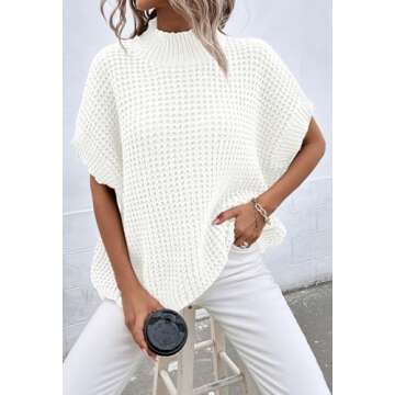 Pink Queen Women's Mock Neck Batwing Short Sleeve Loose Oversized Chunky Knitted Pullover Sweater Jumper Top White M