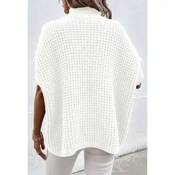 Pink Queen Women's Mock Neck Batwing Short Sleeve Loose Oversized Chunky Knitted Pullover Sweater Jumper Top White M