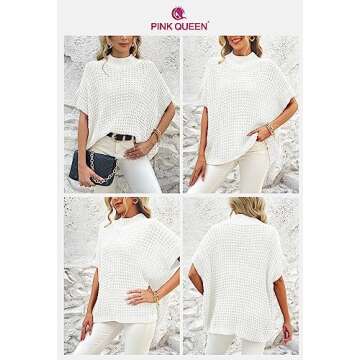 Pink Queen Women's Mock Neck Batwing Short Sleeve Loose Oversized Chunky Knitted Pullover Sweater Jumper Top White M