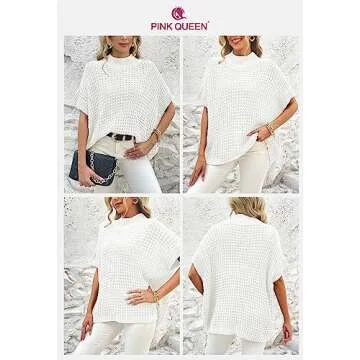 Pink Queen Women's Mock Neck Batwing Short Sleeve Loose Oversized Chunky Knitted Pullover Sweater Jumper Top White M