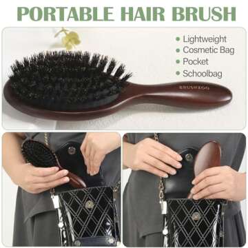 BRUSHZOO Mini Hair Brush, Travel Boar Bristle Hair Brush for Fine Short Thin Hair Type Keep Hair Heathy Restore Shine And Texture