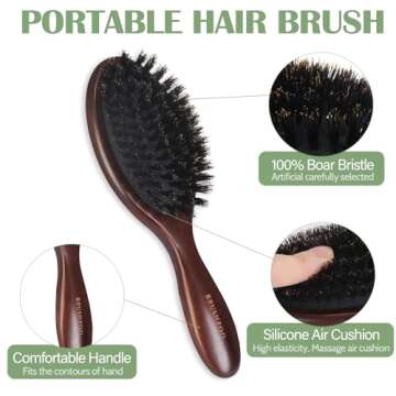 BRUSHZOO Mini Hair Brush, Travel Boar Bristle Hair Brush for Fine Short Thin Hair Type Keep Hair Heathy Restore Shine And Texture
