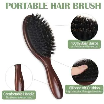 BRUSHZOO Mini Hair Brush, Travel Boar Bristle Hair Brush for Fine Short Thin Hair Type Keep Hair Heathy Restore Shine And Texture