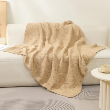 bearberry Super Soft Rhombic Throw Blanket 3D Jacquard Lightweight Cozy Warm Throw Blankets for Couch Bed Sofa All Season (Camel, 50”x60”)