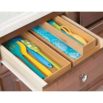 mDesign Wooden Bamboo Drawer Organizer - 12" Long Stackable Storage Box Tray for Kitchen Drawers/Cabinet - Utensil, Silverware, Spatula, and Flatware Holder - Echo Collection - 2 Pack, Natural Wood