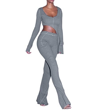 XLLAIS Women Fall Winter Rib Knit Pullover Sweater Top Long Flare Pants Set 2 Piece Outfits Sweatsuits Tracksuit Grey S