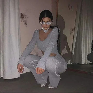 XLLAIS Women Fall Winter Rib Knit Pullover Sweater Top Long Flare Pants Set 2 Piece Outfits Sweatsuits Tracksuit Grey S