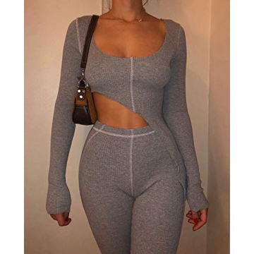 XLLAIS Women Fall Winter Rib Knit Pullover Sweater Top Long Flare Pants Set 2 Piece Outfits Sweatsuits Tracksuit Grey S
