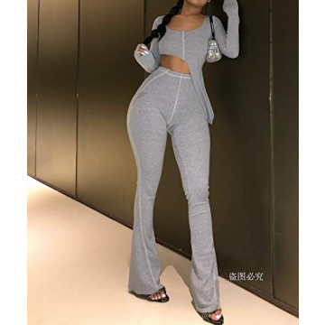 XLLAIS Women Fall Winter Rib Knit Pullover Sweater Top Long Flare Pants Set 2 Piece Outfits Sweatsuits Tracksuit Grey S