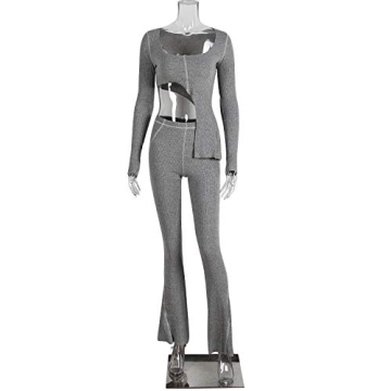 XLLAIS Women Fall Winter Rib Knit Pullover Sweater Top Long Flare Pants Set 2 Piece Outfits Sweatsuits Tracksuit Grey S