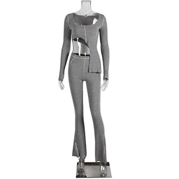XLLAIS Women Fall Winter Rib Knit Pullover Sweater Top Long Flare Pants Set 2 Piece Outfits Sweatsuits Tracksuit Grey S