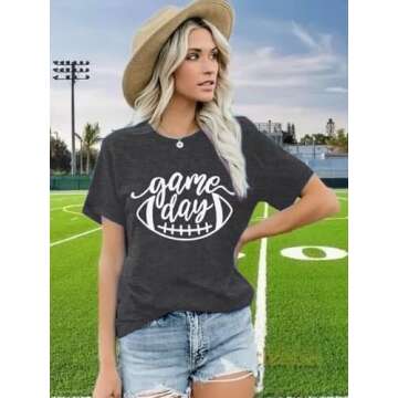 Game Day Football T Shirts Women Cute Football Graphic Tee Tops Funny Sunday Casual Short Sleeve Tee Shirts Dark Grey