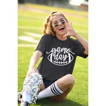 Game Day Football T Shirts Women Cute Football Graphic Tee Tops Funny Sunday Casual Short Sleeve Tee Shirts Dark Grey
