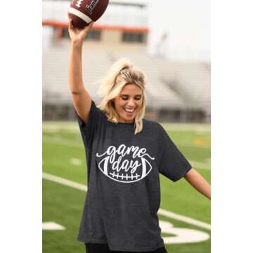 Game Day Football T Shirts Women Cute Football Graphic Tee Tops Funny Sunday Casual Short Sleeve Tee Shirts Dark Grey