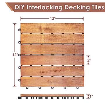 PrimeZone 54 PCS Solid Acacia Wood Interlocking Patio Deck Tiles - 12" x 12" Indoor Outdoor Waterpro...