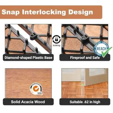 PrimeZone 54 PCS Solid Acacia Wood Interlocking Patio Deck Tiles - 12" x 12" Indoor Outdoor Waterproof Flooring Tiles for Balcony, Backyard, Garden & Poolside, All Weather Use, Natural Wood