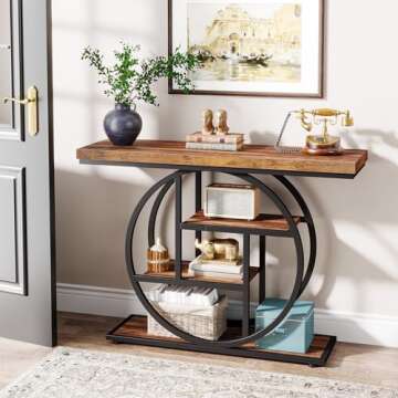 LITTLE TREE 4 Tiers Console Table, 41.3" Sofa Table with Circle Base, Narrow Wood Entryway Entrance Table, Accent Foyer Table with Storage Shelves for Living Room, Hallway
