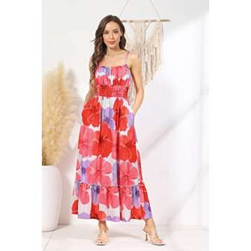 GRACE KARIN Women's Floral Print Smocked Dresses Spaghetti Strap Square Neck Ruffle Boho Tiered Lone Maxi Dress Red Floral M