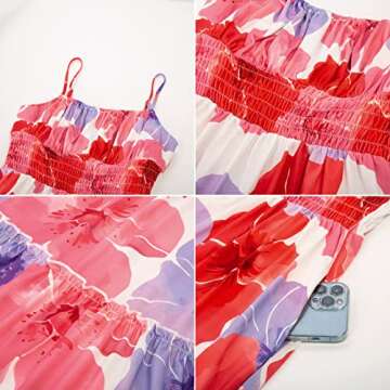 GRACE KARIN Women's Floral Print Smocked Dresses Spaghetti Strap Square Neck Ruffle Boho Tiered Lone Maxi Dress Red Floral M