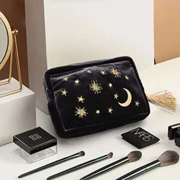 Handy cosmetic makeup bag,Navy Velvet Embroidered Applique Moon Stars Cosmetic Bag,Starry Makeup Pouch with Tassels & Pearl Zipper,Beautician Storage Bag