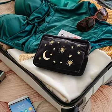 Handy cosmetic makeup bag,Navy Velvet Embroidered Applique Moon Stars Cosmetic Bag,Starry Makeup Pouch with Tassels & Pearl Zipper,Beautician Storage Bag