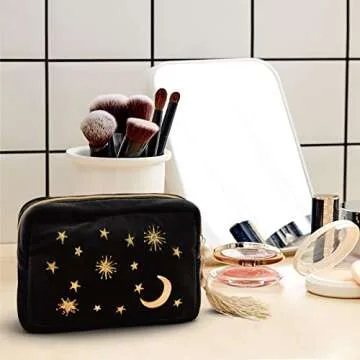 Handy cosmetic makeup bag,Navy Velvet Embroidered Applique Moon Stars Cosmetic Bag,Starry Makeup Pouch with Tassels & Pearl Zipper,Beautician Storage Bag