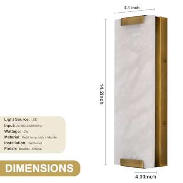 HOMLUCE 14.2in Alabaster Wall Sconce, Large Natural Marble Wall Light Decor, LED Modern Wall Lamp for Bedroom, Stairs, Living Room, Vanity, Bedside, Hallway （Brushed Bronze 12W）