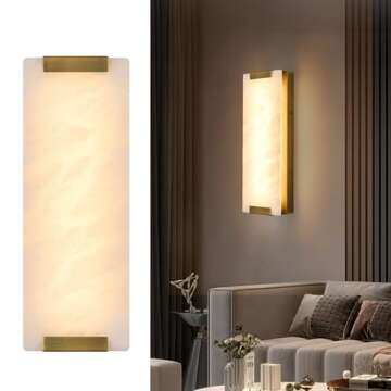 HOMLUCE 14.2in Alabaster Wall Sconce, Large Natural Marble Wall Light Decor, LED Modern Wall Lamp for Bedroom, Stairs, Living Room, Vanity, Bedside, Hallway （Brushed Bronze 12W）