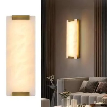 HOMLUCE 14.2in Alabaster Wall Sconce, Large Natural Marble Wall Light Decor, LED Modern Wall Lamp for Bedroom, Stairs, Living Room, Vanity, Bedside, Hallway （Brushed Bronze 12W）