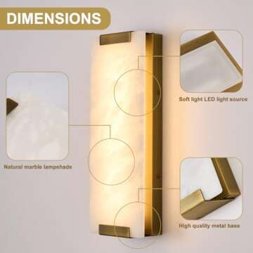 HOMLUCE 14.2in Alabaster Wall Sconce, Large Natural Marble Wall Light Decor, LED Modern Wall Lamp for Bedroom, Stairs, Living Room, Vanity, Bedside, Hallway （Brushed Bronze 12W）