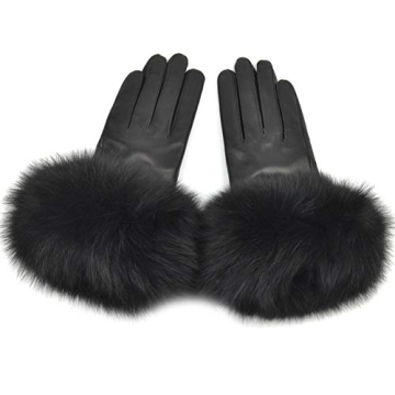 Yosang Women Lambskin Winter Gloves with Fox Fur Trim