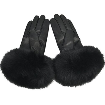 Yosang Women Lambskin Winter Gloves with Fox Fur Trim